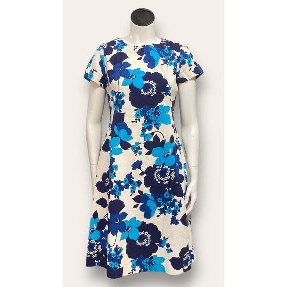 60s White Dress w/ Blue Floral Print Handmade Size 4 - Picture 1 of 7